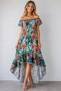Flying Tomato Floral High Low Maxi Dress Small Off Shoulder Tropical Boho S